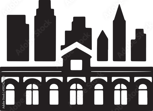 City skyline architecture vector illustration featuring urban skyscrapers behind historic municipal building facade