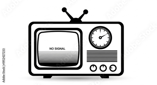Vintage Television Set with Clock Display and Antenna, Black and White Illustration.