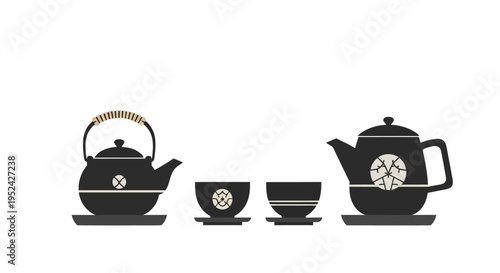 Japanese Tea Ceremony Set: Black Teapots and Cups on Saucers