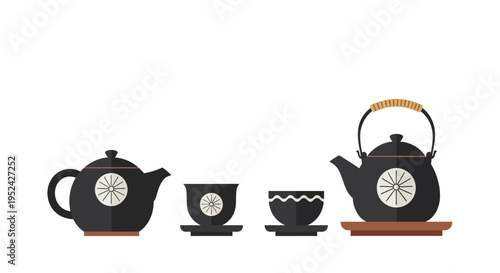 Japanese Tea Set: Black Teapot, Cups, and Saucers with Traditional Design