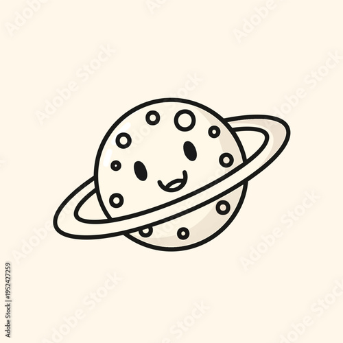 A cartoon illustration of a smiling planet with a ring system, featuring black outlines and white filled details, set against a cream background
