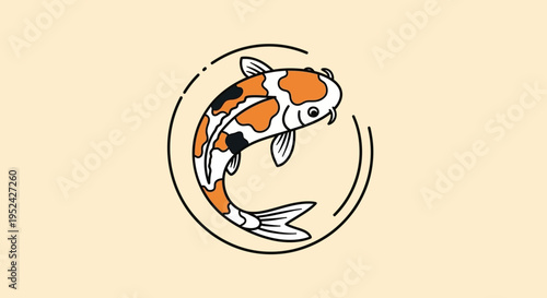 Koi Fish Illustration in Circle, Japanese Art Style, Orange White Black