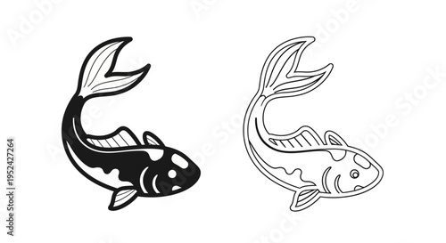Koi Fish Illustration: Black and White Drawing and Silhouette