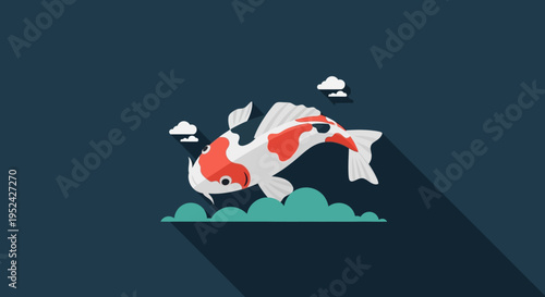 Koi Fish Jumping Above Water with Clouds, Flat Design Illustration
