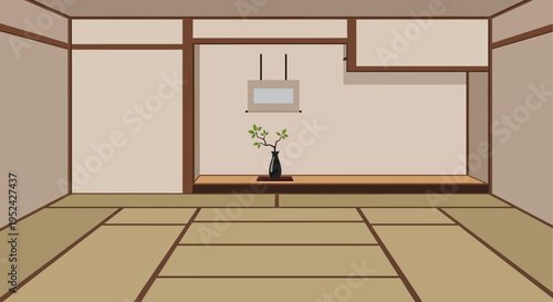 Traditional Japanese Room Interior with Tatami Mats and Ikebana Flower Arrangement