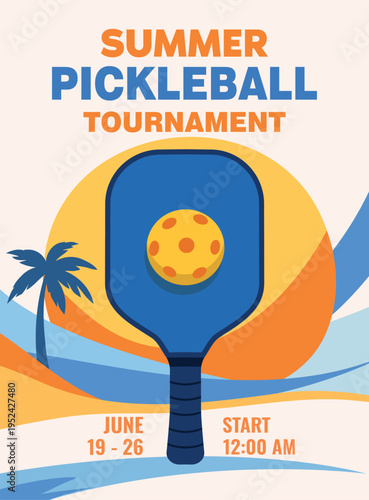 Pickleball tournament, summer cup. Large pickleball racket with ball, palm tree, waves. Bright vector poster. Design is perfect with place for text, for sporting events, promotions, summer activities