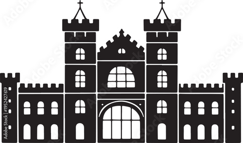 Imposing black silhouette of medieval castle with towers battlements and arched entrance gate