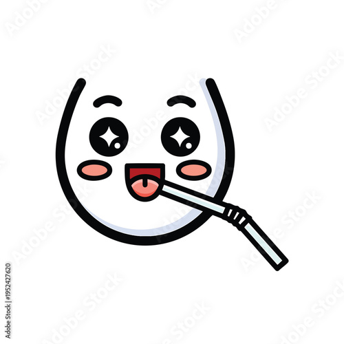 A cartoon-style illustration of a happy, white drink cup with cute eyes, blushing cheeks, a pink tongue, and a straw