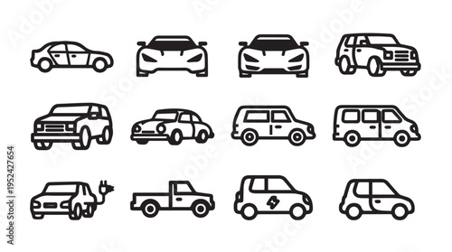Diverse Vehicle Icons Collection: Cars SUVs Trucks Electric Vehicles Vans