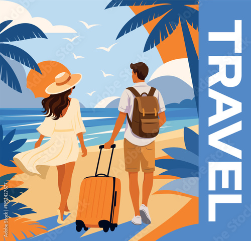 Summer holidays. Vector illustration, couple on vacation strolling along the beach. Man carries backpack, a suitcase, woman in hat. Palm trees, sunset, seagulls. For travel brochures, hotels, tourism
