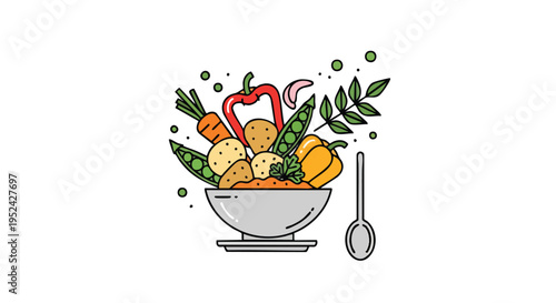 A vibrant, minimalist illustration of a bowl brimming with colorful vegetables, accompanied by a spoon, set against a white background