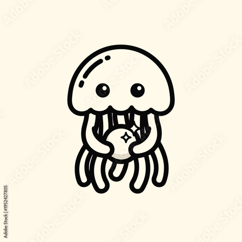 A cartoon-style illustration of a jellyfish with large eyes holding a pearl with a sparkle. Simple black lines on a cream background