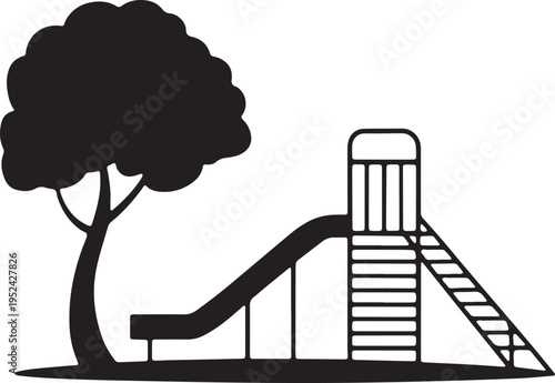 Park slide silhouette with tall tree for children play area and garden landscaping illustration