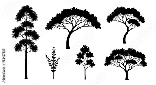Collection of Silhouette Trees and Plant Vector Icons