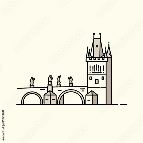 A flat illustration of an iconic bridge with statues and a tall tower. Clean lines, simple design. The artwork is in a beige and gray color palette