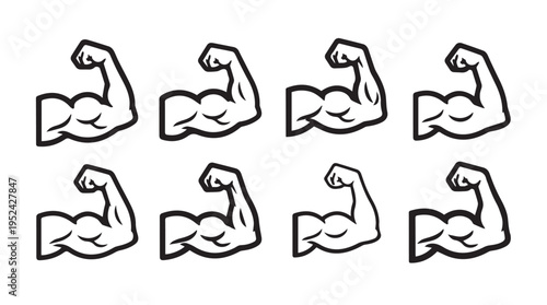 Flexing Biceps Muscle Icons Set Workout Strength and Fitness Vector Graphics