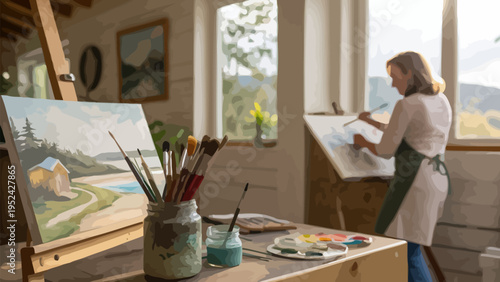 Artist painting in studio with easel brushes and palette by window with natural light
