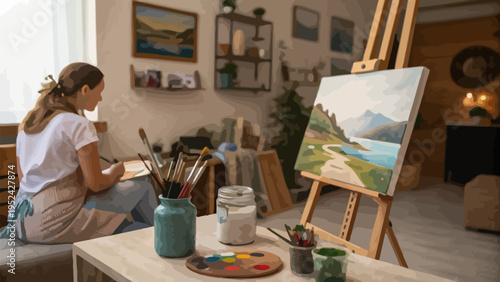 Artist painting landscape on easel in cozy studio with brushes and palette