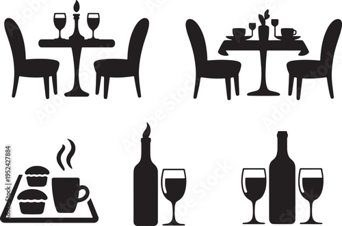 Restaurant dining table set icons for cafe bistro service breakfast coffee wine and dinner art