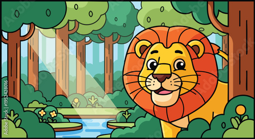 A cartoon lion peeks from the right edge of a forested scene with a river in the distance and beams of light