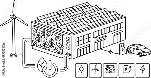 Isometric line art vector of sustainable green building with solar panels and wind turbine