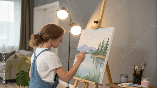 Young woman painting landscape on easel with brush in home studio with lamp and art supplies on table
