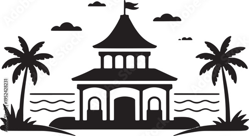 Tropical island gazebo silhouette with palm trees and ocean waves in black flat design style