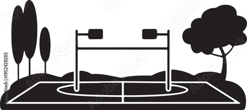 Volleyball court silhouette with net and surrounding trees for sports and recreation projects
