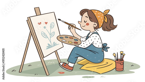 Young girl sitting on a yellow cushion painting a flower on an easel with a brush and palette