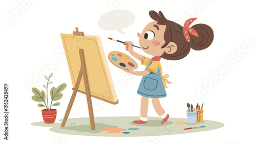 Young girl creating art on an easel with paintbrush and colorful palette in a creative studio setting