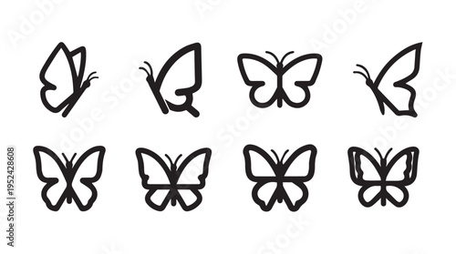 Set of Butterfly Icons Different Poses Outline Style Simple Vector Graphics