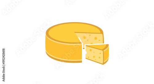 A cartoon-style illustration of a round cheese with a slice removed. The cheese has a yellow hue with visible holes and gold outlines