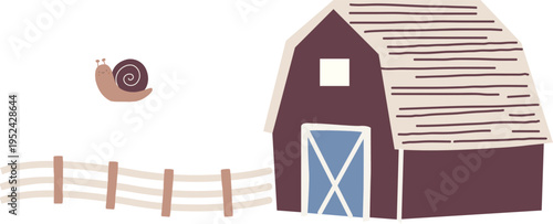 Cute hand drawn barn house and snail illustration, vector