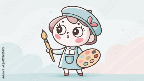 Stylized female painter character holding paintbrush and palette in pastel colors with soft background