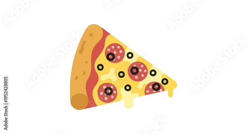 A simple, cartoon-style depiction of a single slice of pizza, featuring a triangle shape with toppings of pepperoni and olives, and melting cheese