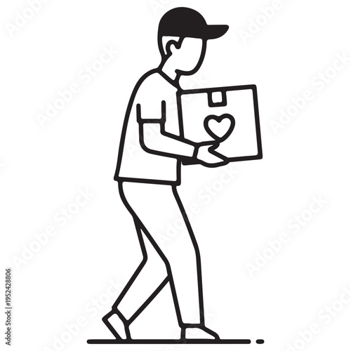 Minimalist line art illustration of a delivery man or volunteer carrying a donation box with a heart symbol, representing humanitarian aid, charity services, and friendly package delivery.