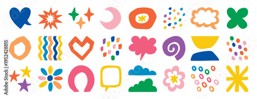 Soothing abstract hand drawn shapes palette, earthy blobs, petals, moons and gentle florals creating calm composition for home decor, mindfulness products, stationery and therapeutic art projects