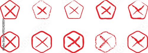 A collection of 10 red and white diamond shaped icons with an x marked through them