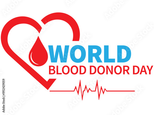 World blood donor day logo with heart shape, blood drop and heartbeat line isolated on white background
