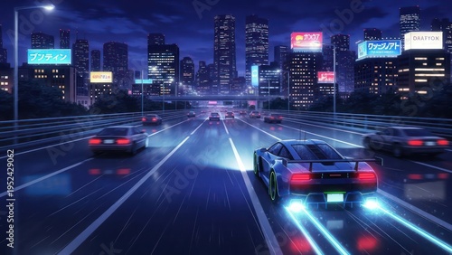 Futuristic drive through an electric cityscape at night showing advancements in automobile