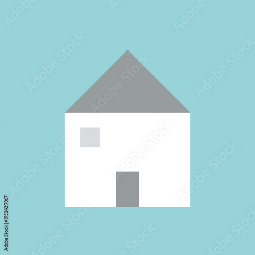 A simple, minimalist house illustration. It features a white, rectangular body with a gray roof and a light blue background.  It has a window and door