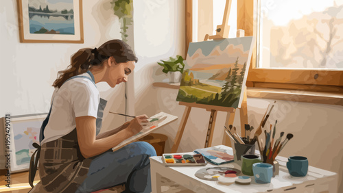 Young woman enjoying painting at home with art supplies on a table by the window in a cozy studio