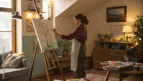 Woman painting indoors with easel and paint tools in a cozy living room with warm lighting