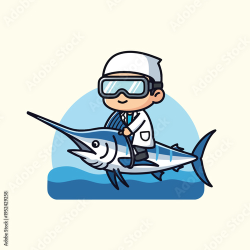 A cartoon doctor rides a blue fish with a long pointy nose. The illustration has a light background and stylized ocean waves