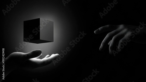 Levitating cube above open hand, magnetic prototype illuminated from below, dark background with soft halo, inventor gesture conveys wonder and careful control, minimalist studio composition