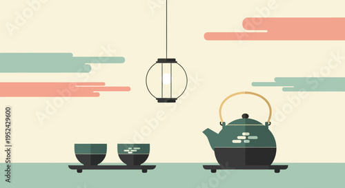 Japanese Tea Ceremony Set: Teapot, Cups, and Lantern in Minimalist Style