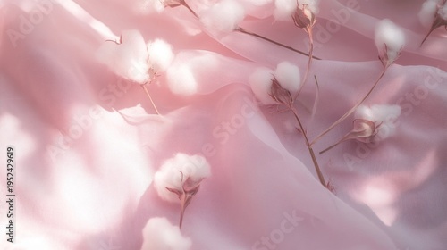 Cotton background with soft natural bolls and delicate texture. Clean organic composition for textile design, branding, packaging and creative projects.