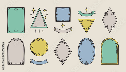 Thin line mystical frames set with stars, medieval boho accents, hand drawn