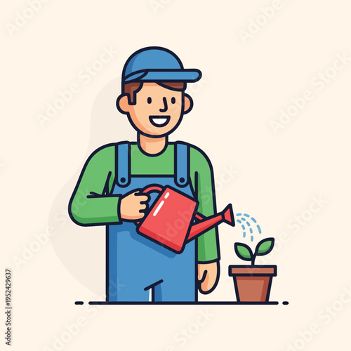 A smiling person in overalls waters a small plant from a red watering can. The person wears a cap, and the pot sits on a small platform