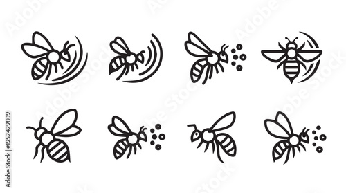 Bee Icons Collection: Flying Buzzing PollinatingSimple Line Art